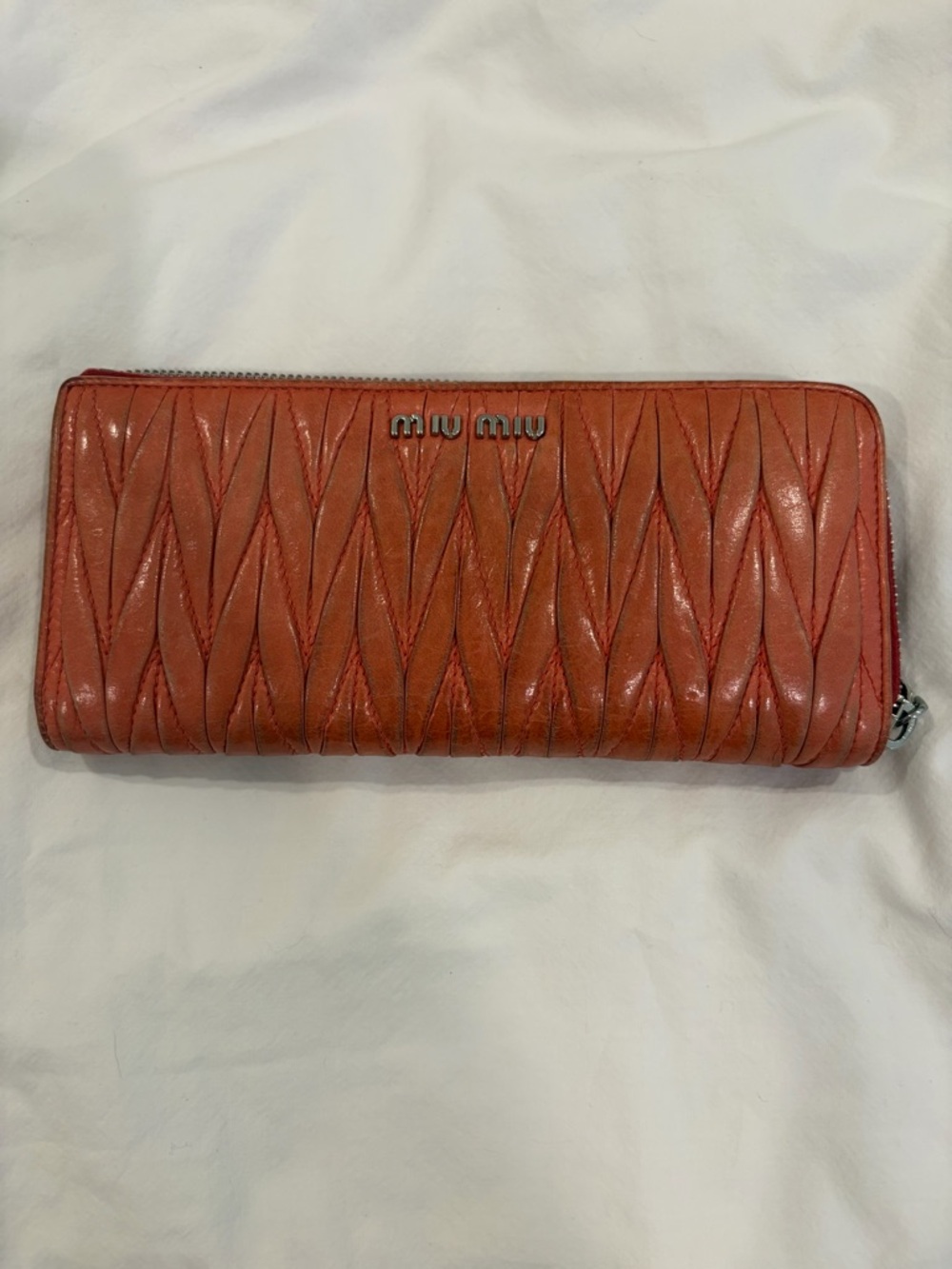 Miu miu Coral Orange Quilted Leather Zip long Wallet